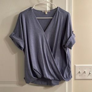 Seven7 crossover blouse with short sleeve button detail